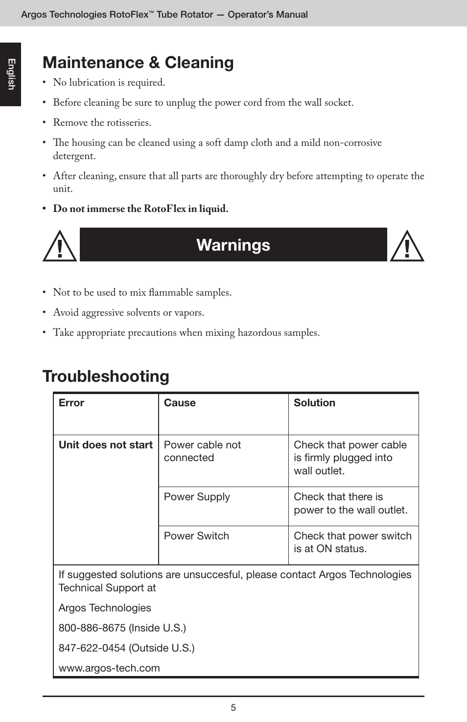 Maintenance & cleaning, Troubleshooting, Warnings | Argos RotoFlex Tube Rotator User Manual | Page 6 / 34