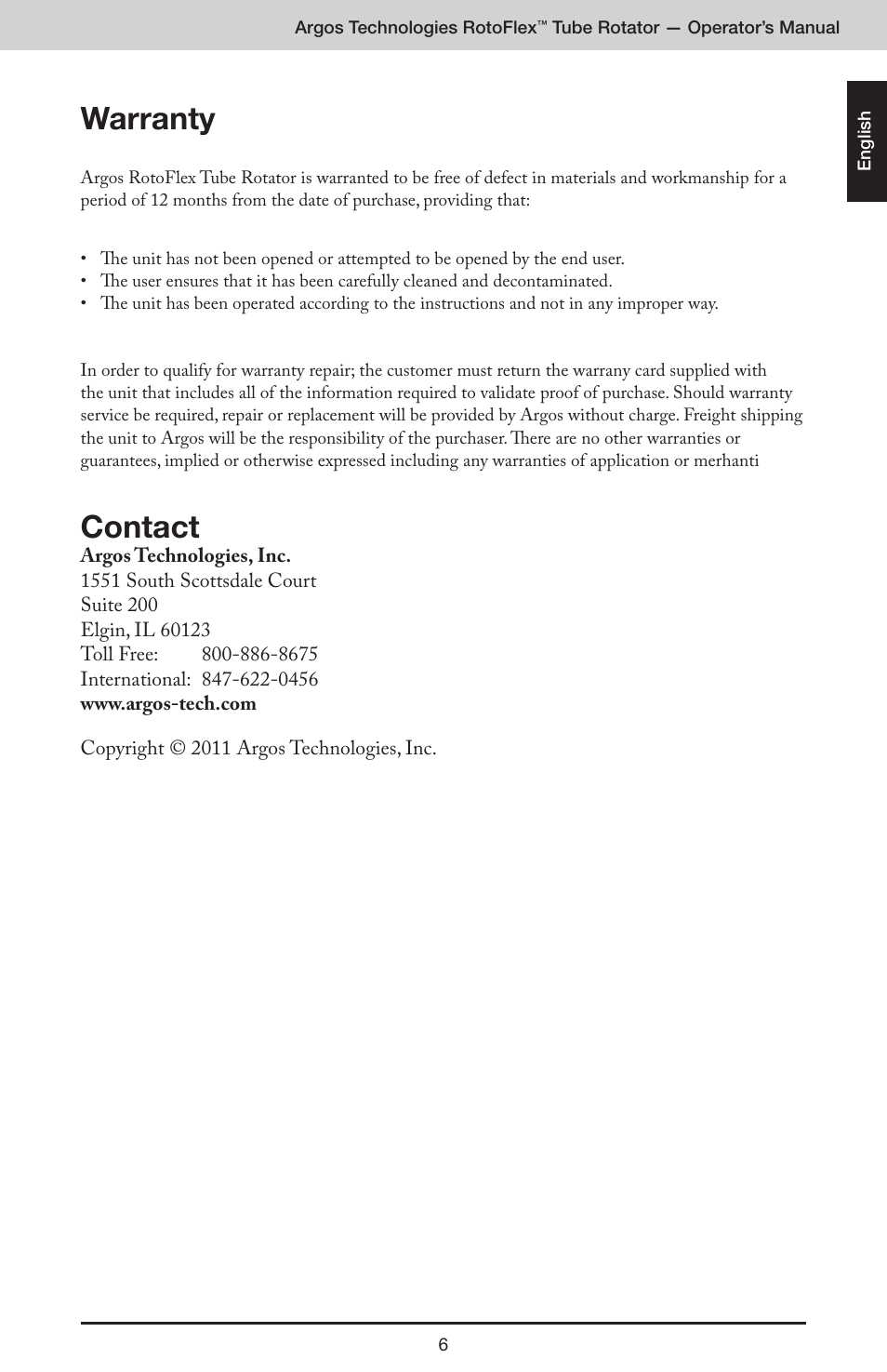 Warranty, Contact | Argos RotoFlex Tube Rotator User Manual | Page 7 / 34