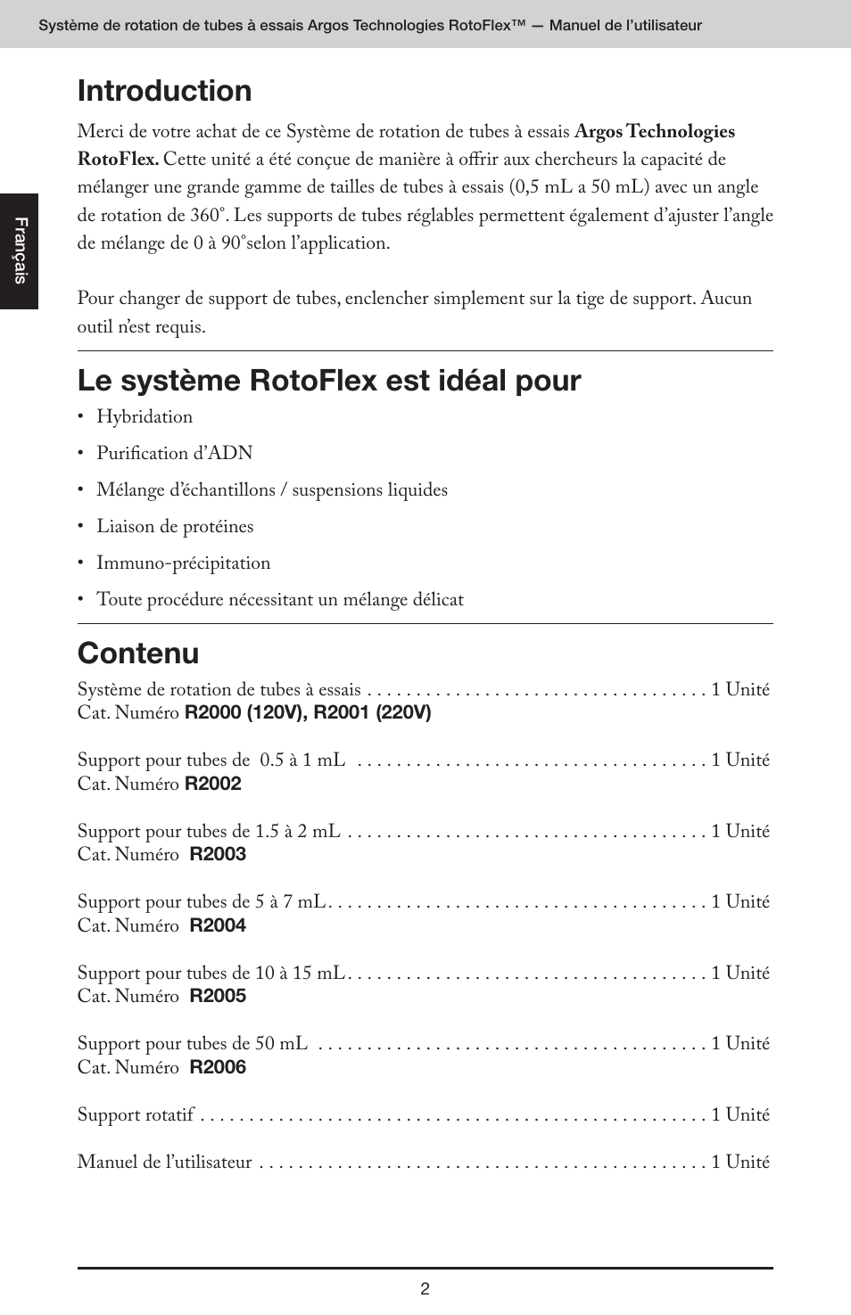 Introduction, Le système rotoflex est idéal pour, Contenu | Argos RotoFlex Tube Rotator User Manual | Page 8 / 34