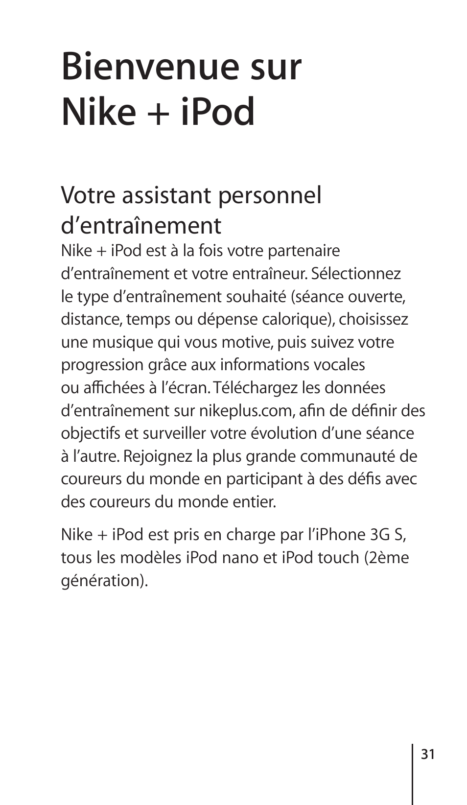 Welcome to nike + ipod, Your personal workout assistant, Bienvenue sur nike + ipod | Votre assistant personnel d’entraînement | Apple Nike + iPod Sensor User Manual | Page 31 / 132