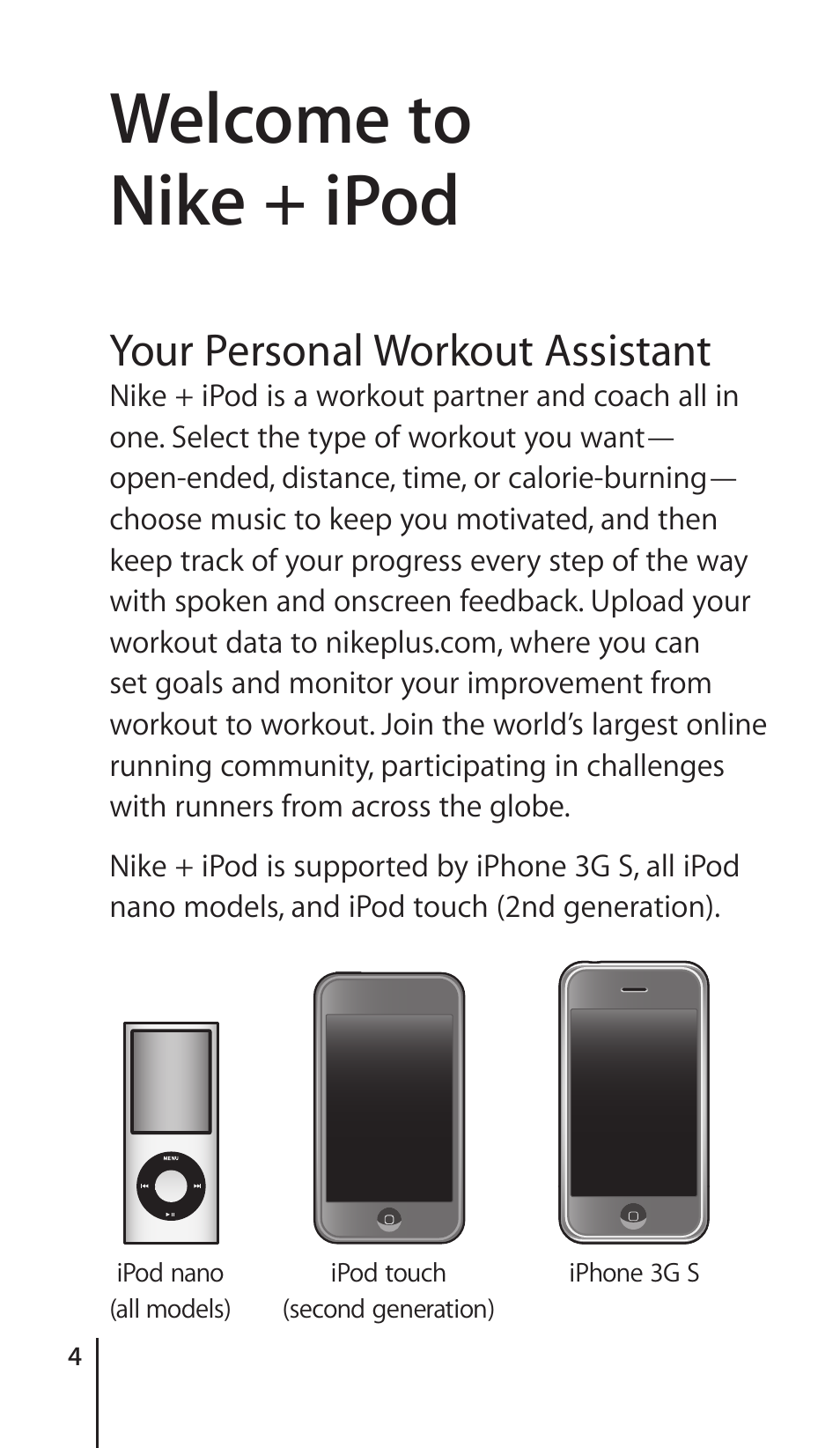 Welcome to nike + ipod, Your personal workout assistant | Apple Nike + iPod Sensor User Manual | Page 4 / 132