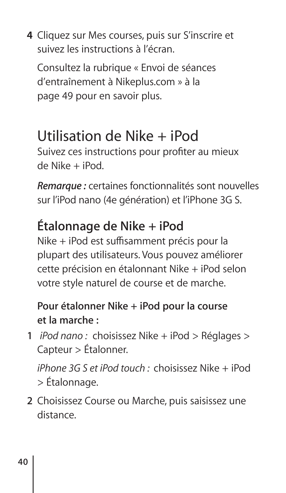 Utilisation de nike + ipod, Étalonnage de nike + ipod | Apple Nike + iPod Sensor User Manual | Page 40 / 132