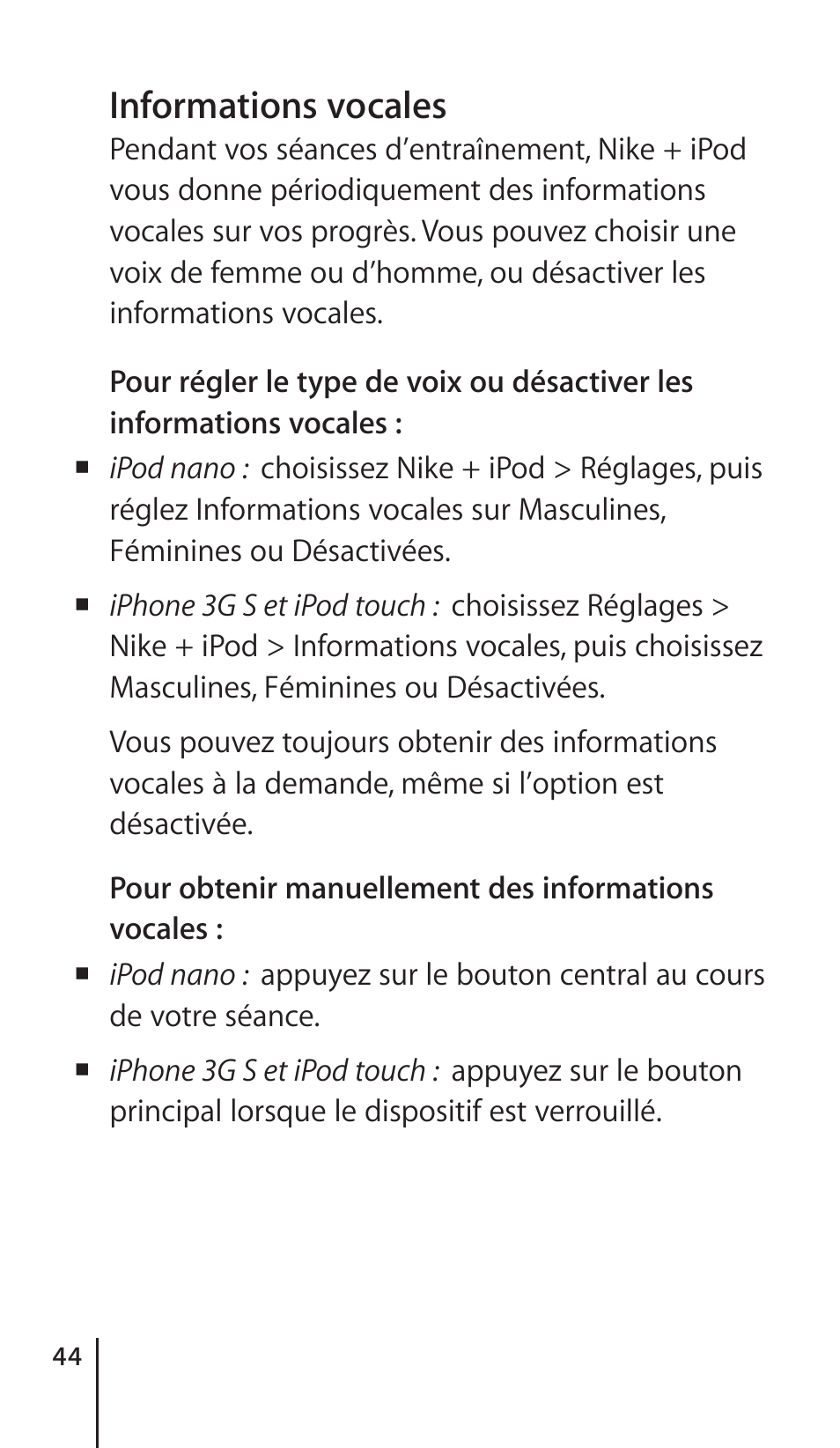 Receiving calls during a workout, Informations vocales | Apple Nike + iPod Sensor User Manual | Page 44 / 132