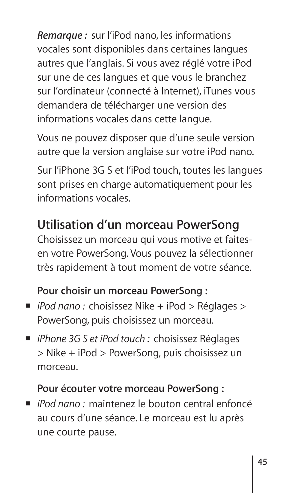 Changing music during a workout, Sending workouts to nikeplus.com, Changement de musique durant une séance | Envoi de séances d’entraînement à nikeplus.com, Utilisation d’un morceau powersong | Apple Nike + iPod Sensor User Manual | Page 45 / 132