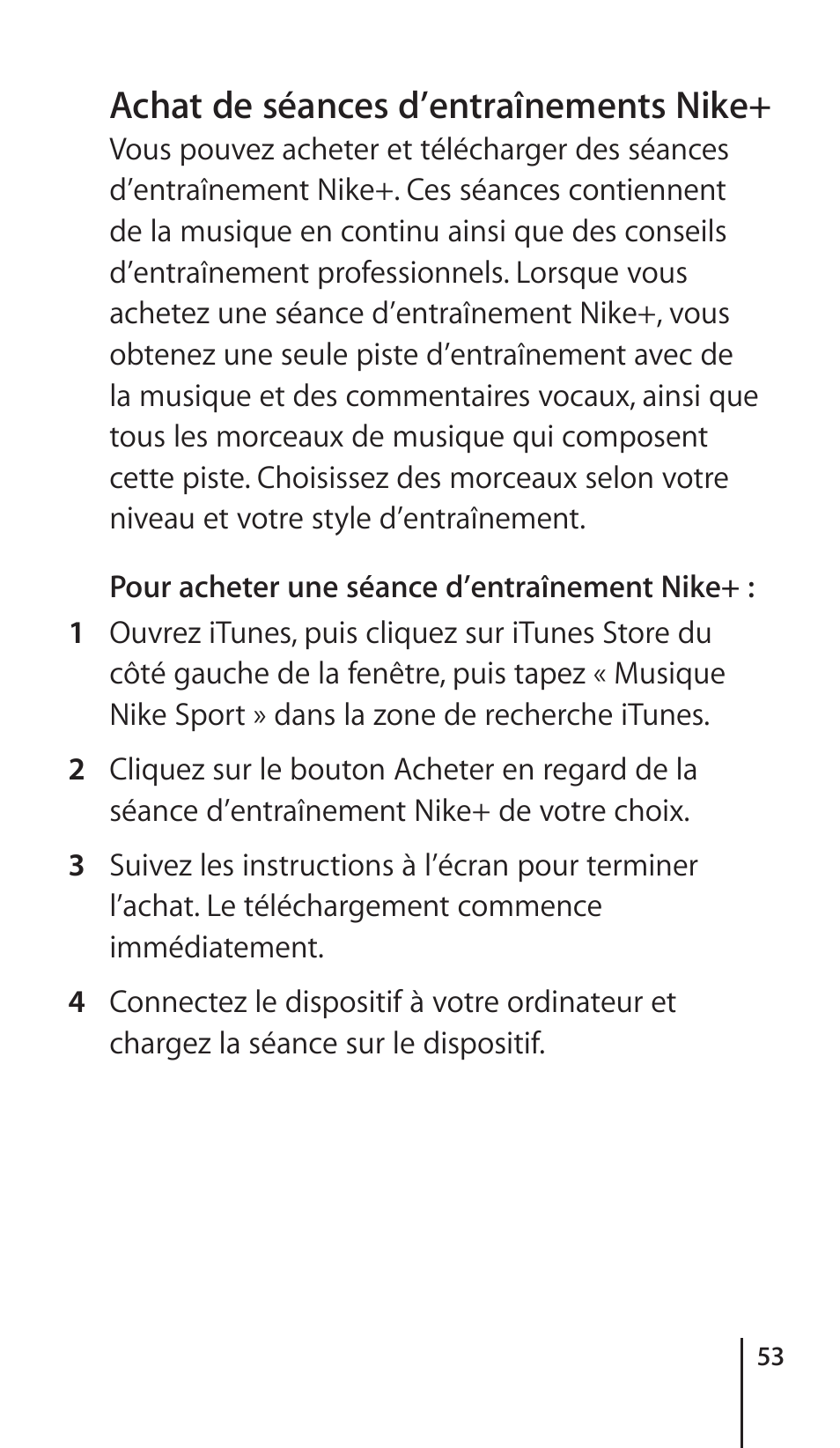 Important safety information, 58 informations importantes sur la sécurité, Achat de séances d’entraînements nike | Apple Nike + iPod Sensor User Manual | Page 53 / 132