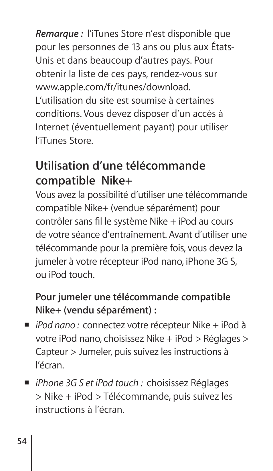 Utilisation d’une télécommande compatible nike | Apple Nike + iPod Sensor User Manual | Page 54 / 132