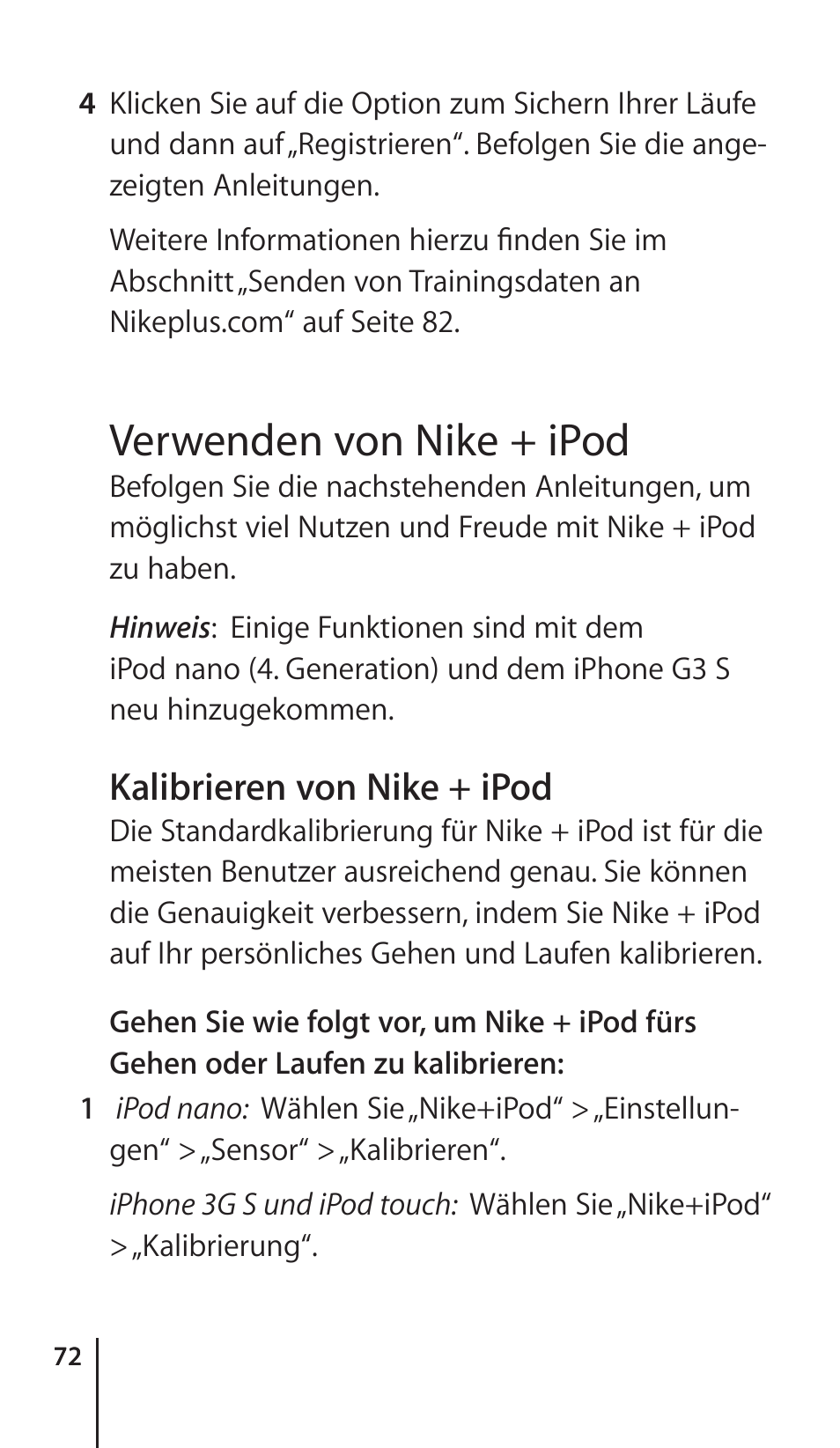 Verwenden von nike + ipod, Kalibrieren von nike + ipod | Apple Nike + iPod Sensor User Manual | Page 72 / 132
