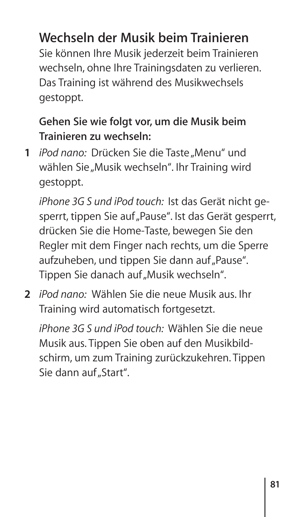 Wechseln der musik beim trainieren | Apple Nike + iPod Sensor User Manual | Page 81 / 132