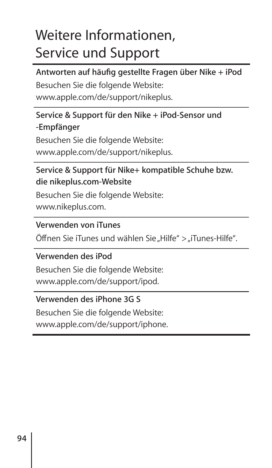 Weitere informationen, service und support | Apple Nike + iPod Sensor User Manual | Page 94 / 132