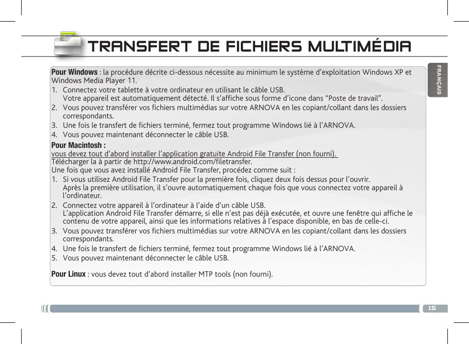 Transfert de fichiers multimédia | ARNOVA 10b G3 User Manual | Page 15 / 58