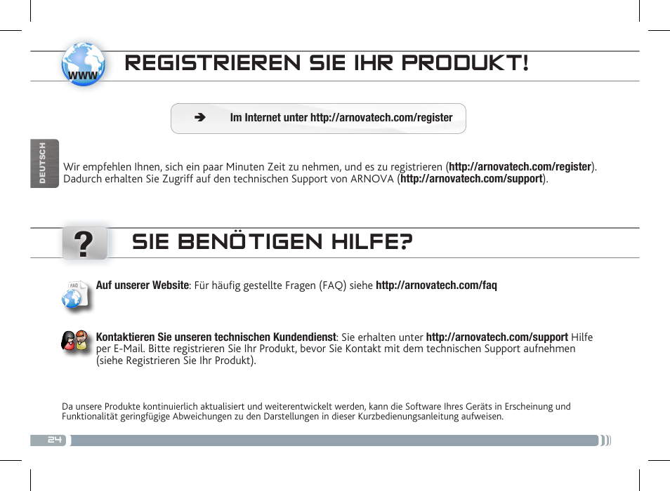 Registrieren sie ihr produkt, Sie benötigen hilfe | ARNOVA 10b G3 User Manual | Page 24 / 58