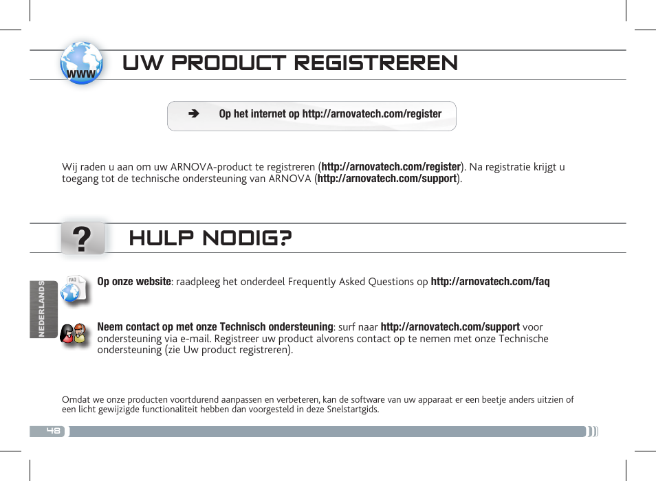 Uw product registreren, Hulp nodig | ARNOVA 10b G3 User Manual | Page 48 / 58