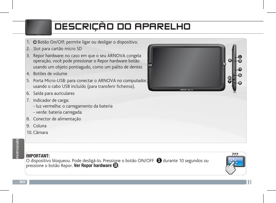 Descrição do aparelho | ARNOVA 10b G3 User Manual | Page 50 / 58