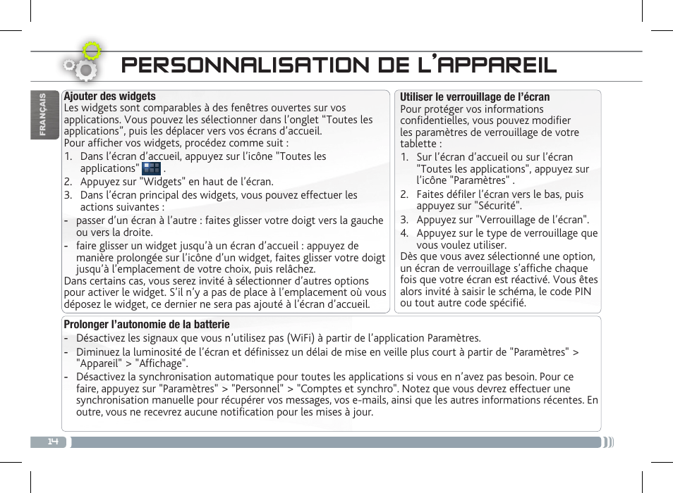 Personnalisation de l’appareil | ARNOVA 10c G3 User Manual | Page 14 / 66
