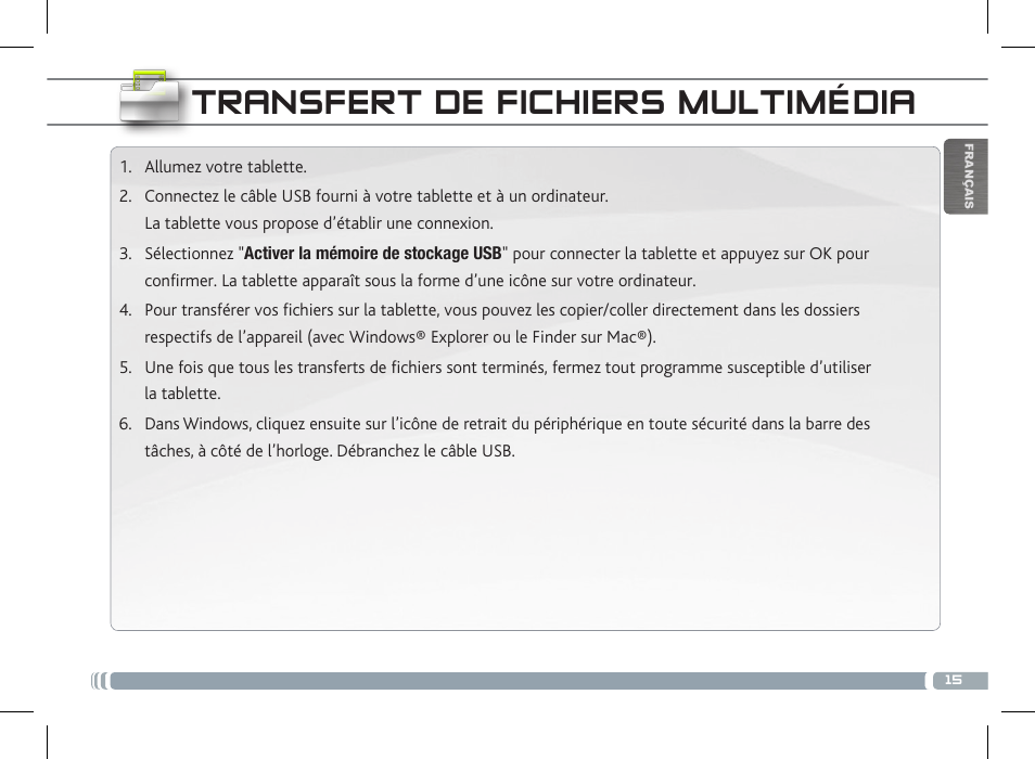 Transfert de fichiers multimédia | ARNOVA 10c G3 User Manual | Page 15 / 66