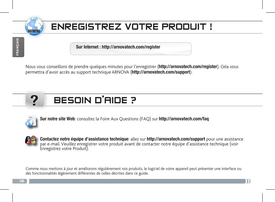 Enregistrez votre produit, Besoin d’aide | ARNOVA 10c G3 User Manual | Page 16 / 66
