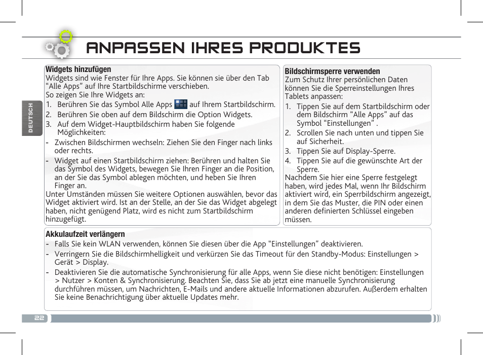 Anpassen ihres produktes | ARNOVA 10c G3 User Manual | Page 22 / 66