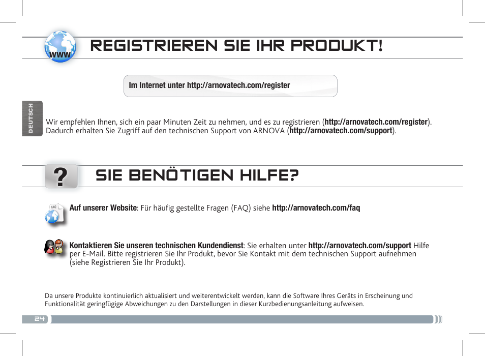 Registrieren sie ihr produkt, Sie benötigen hilfe | ARNOVA 10c G3 User Manual | Page 24 / 66