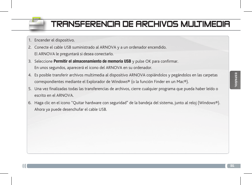 Transferencia de archivos multimedia | ARNOVA 10c G3 User Manual | Page 31 / 66
