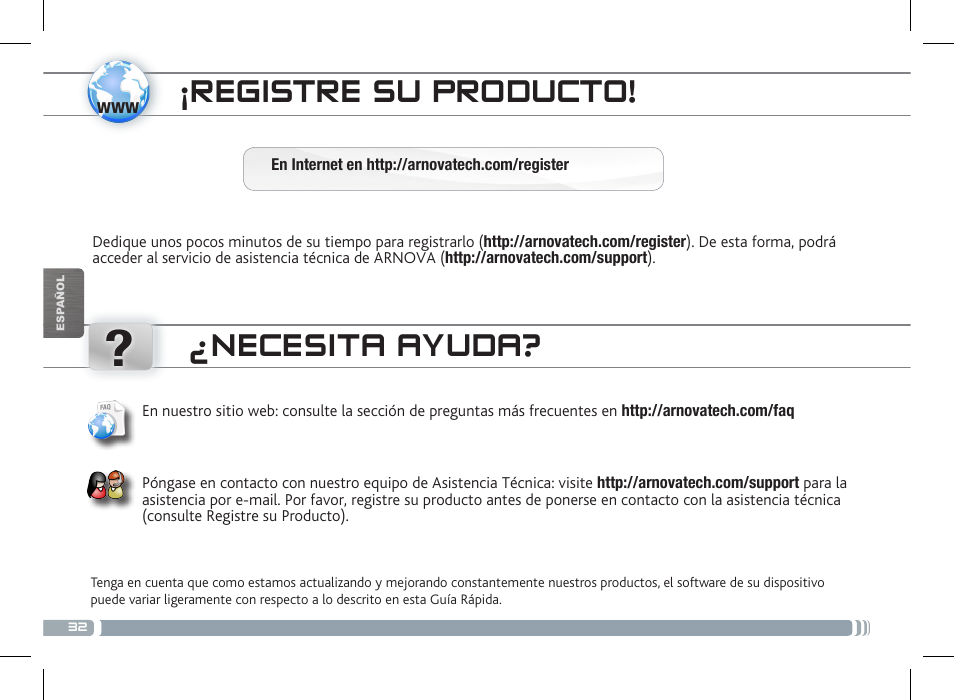 Registre su producto, Necesita ayuda | ARNOVA 10c G3 User Manual | Page 32 / 66