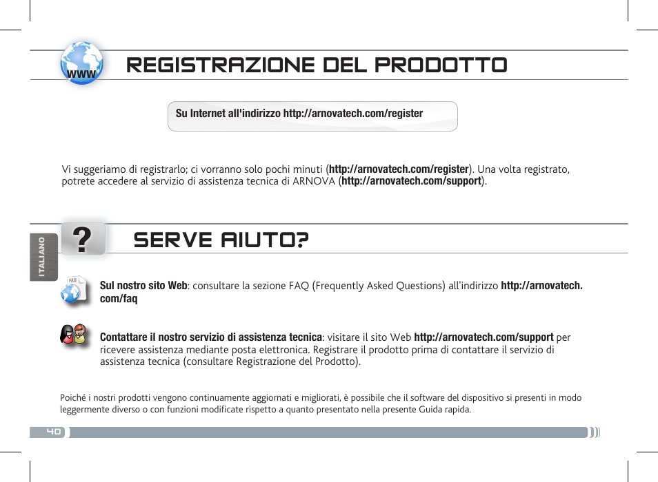 Registrazione del prodotto, Serve aiuto | ARNOVA 10c G3 User Manual | Page 40 / 66
