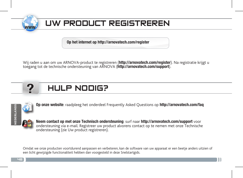 Uw product registreren, Hulp nodig | ARNOVA 10c G3 User Manual | Page 48 / 66