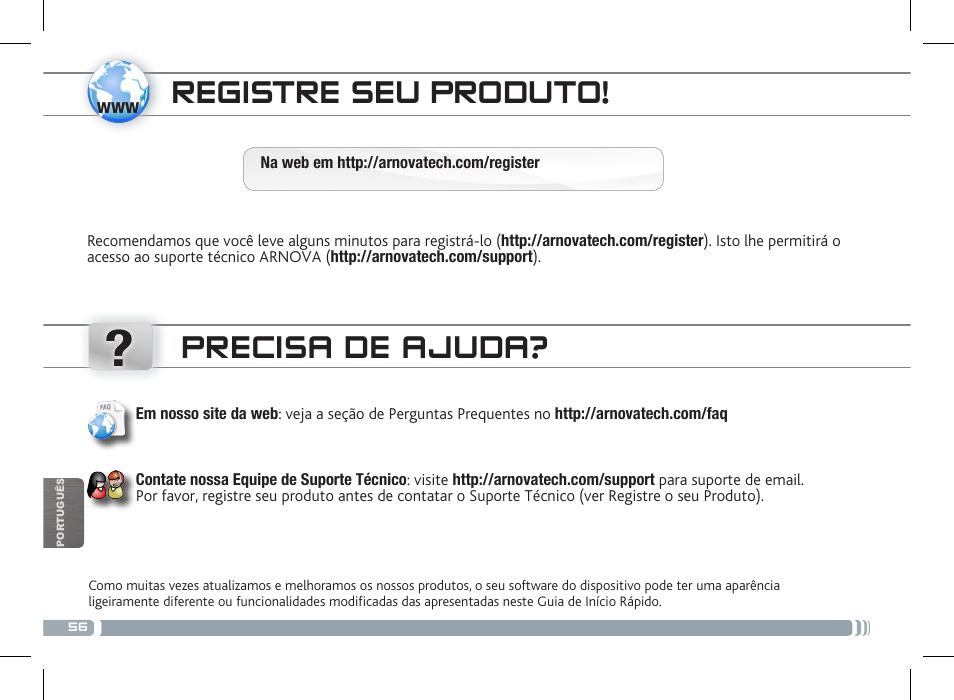 Registre seu produto, Precisa de ajuda | ARNOVA 10c G3 User Manual | Page 56 / 66