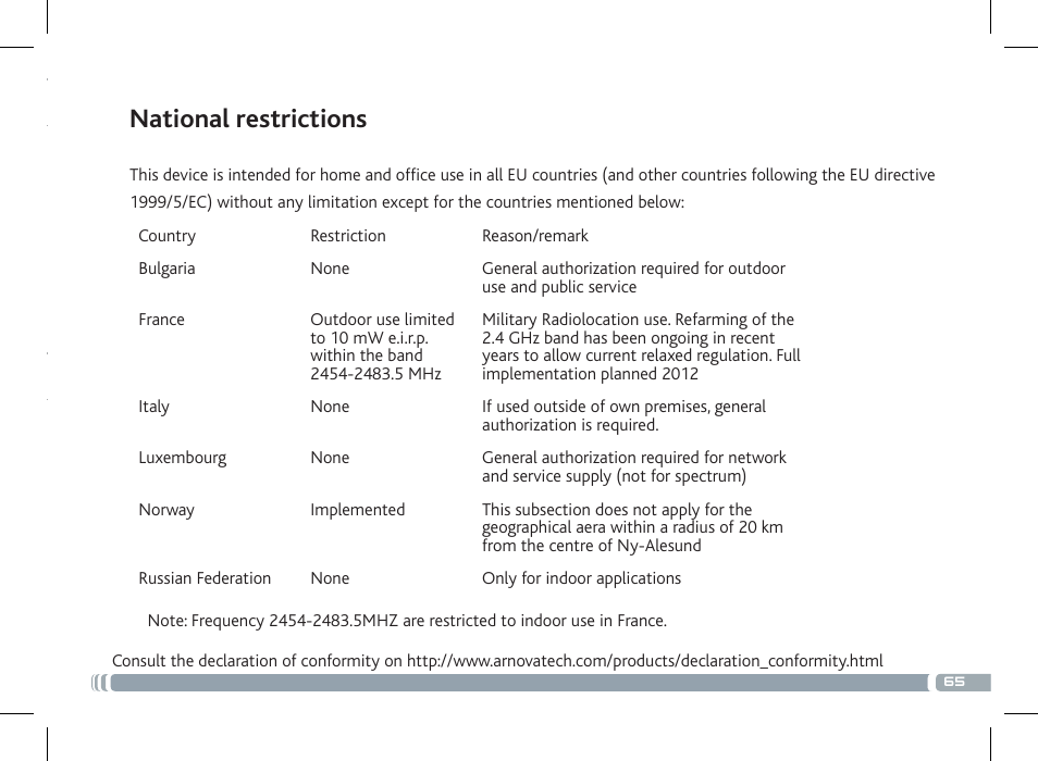 Зарегистрируйте свое устройство, National restrictions | ARNOVA 10c G3 User Manual | Page 65 / 66