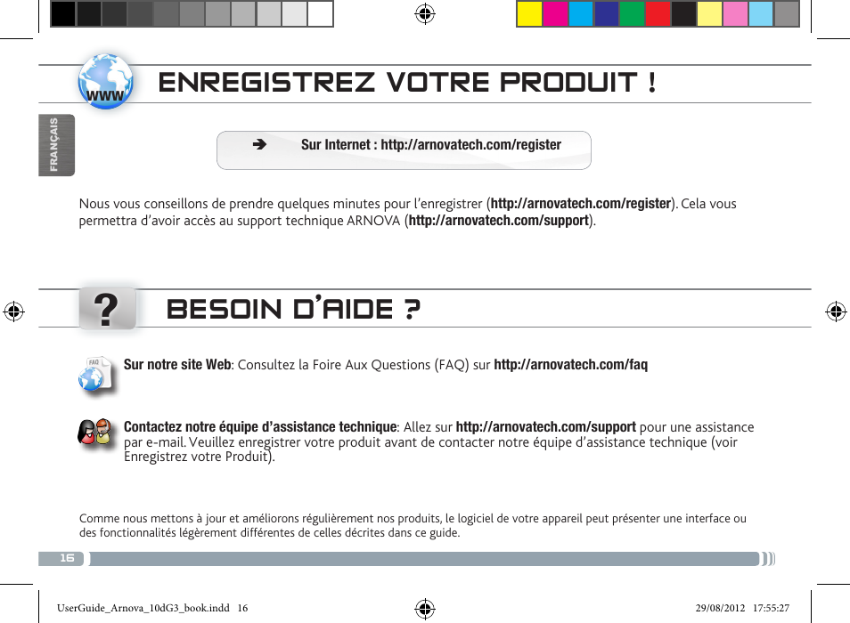 Enregistrez votre produit, Besoin d’aide | ARNOVA 10d G3 User Manual | Page 16 / 66