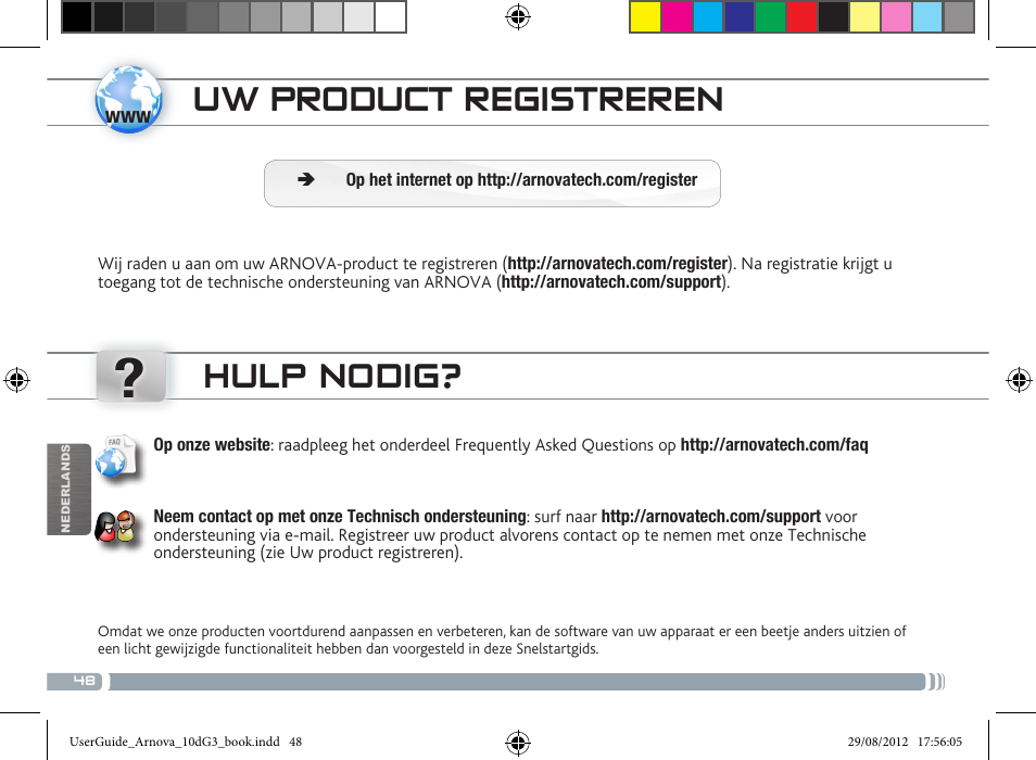 Uw product registreren, Hulp nodig | ARNOVA 10d G3 User Manual | Page 48 / 66