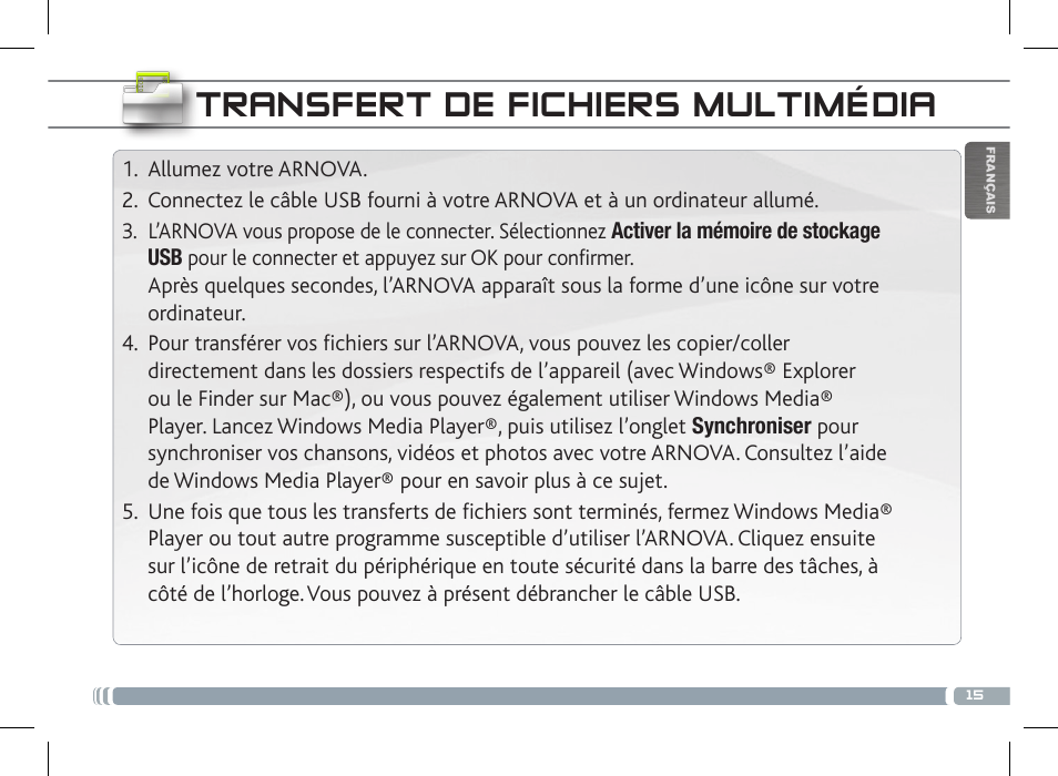 Transfert de fichiers multimédia | ARNOVA 7 G3 User Manual | Page 15 / 58