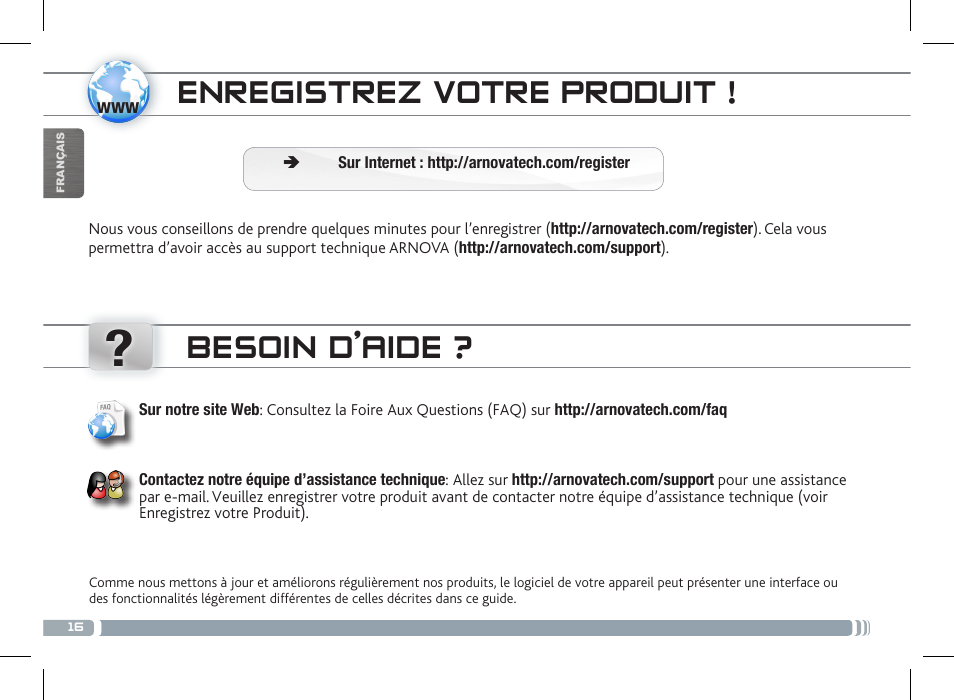 Enregistrez votre produit, Besoin d’aide | ARNOVA 7 G3 User Manual | Page 16 / 58