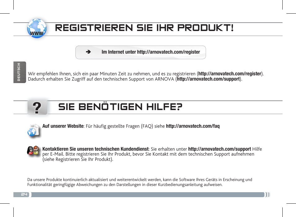 Registrieren sie ihr produkt, Sie benötigen hilfe | ARNOVA 7 G3 User Manual | Page 24 / 58