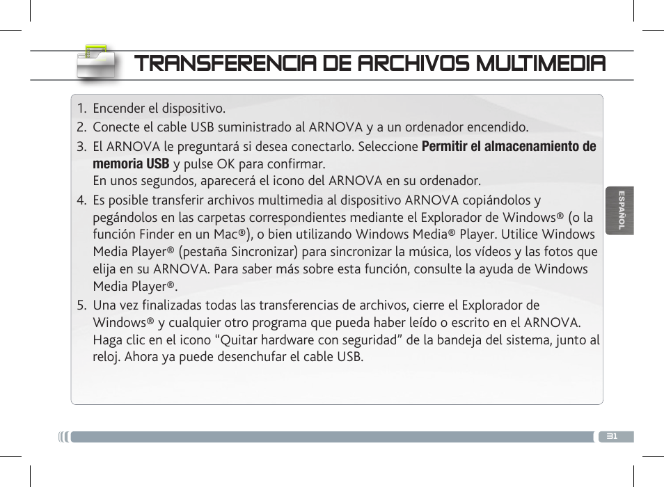 Transferencia de archivos multimedia | ARNOVA 7 G3 User Manual | Page 31 / 58