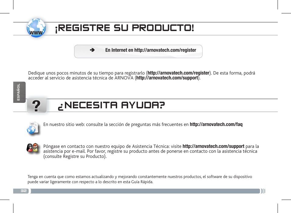 Registre su producto, Necesita ayuda | ARNOVA 7 G3 User Manual | Page 32 / 58