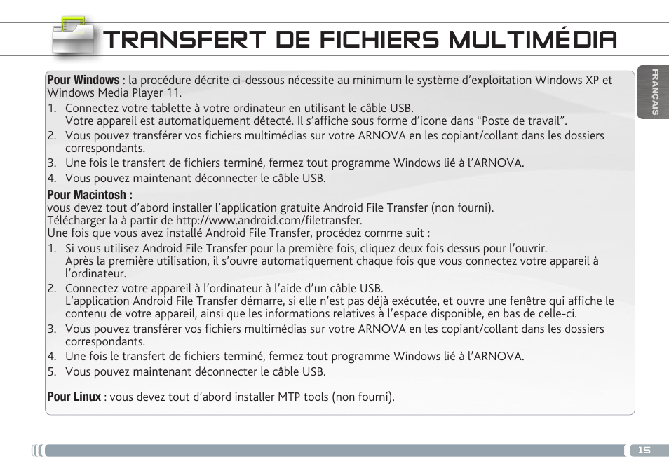 Transfert de fichiers multimédia | ARNOVA 7b G3 User Manual | Page 15 / 58