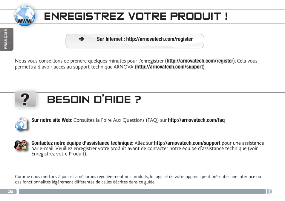 Enregistrez votre produit, Besoin d’aide | ARNOVA 7b G3 User Manual | Page 16 / 58