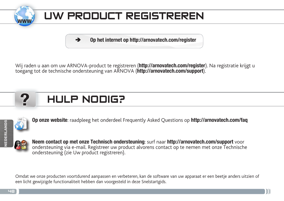 Uw product registreren, Hulp nodig | ARNOVA 7b G3 User Manual | Page 48 / 58