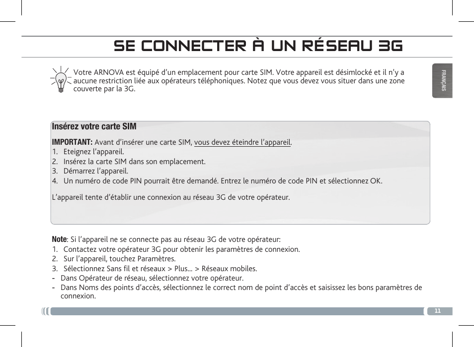 Se connecter à un réseau 3g | ARNOVA 7c G3 User Manual | Page 11 / 58