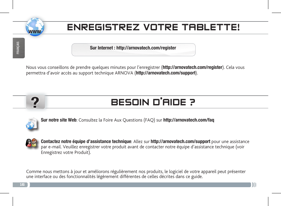 Enregistrez votre tablette, Besoin d’aide | ARNOVA 7c G3 User Manual | Page 16 / 58