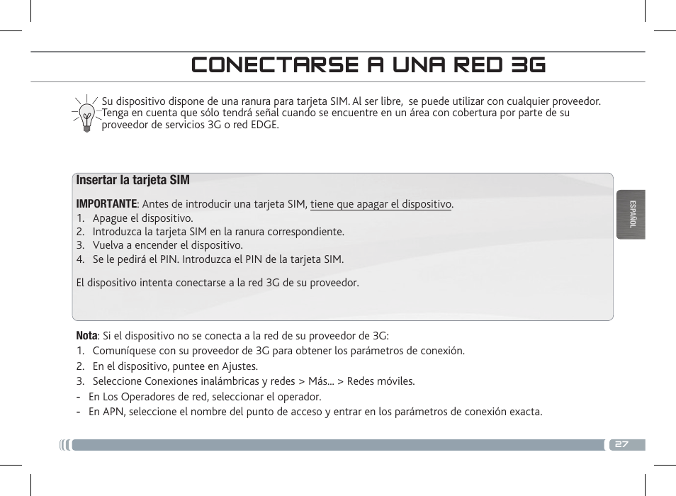 Descripción del arnova conectarse a una red 3g | ARNOVA 7c G3 User Manual | Page 27 / 58