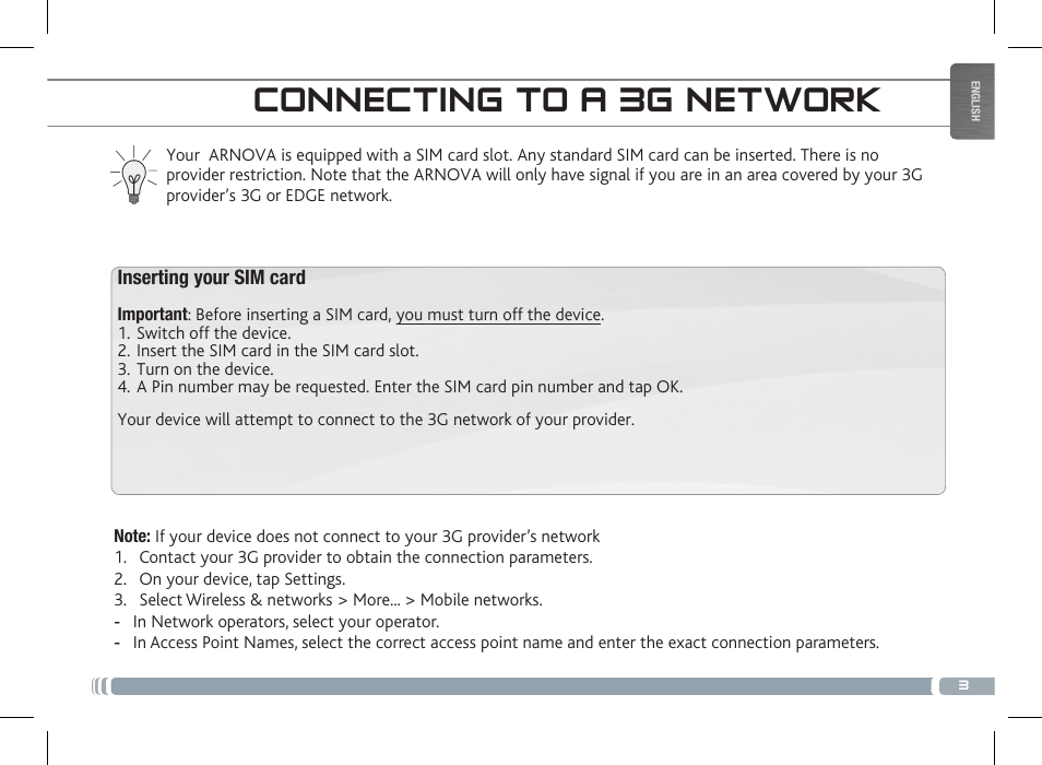 Connecting to a 3g network | ARNOVA 7c G3 User Manual | Page 3 / 58