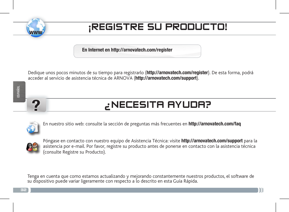 Registre su producto, Necesita ayuda | ARNOVA 7c G3 User Manual | Page 32 / 58