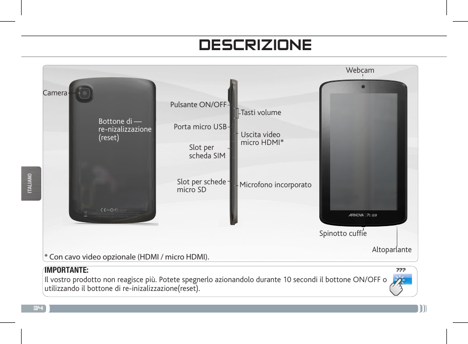 Descrizione, Connessione a una rete 3g | ARNOVA 7c G3 User Manual | Page 34 / 58