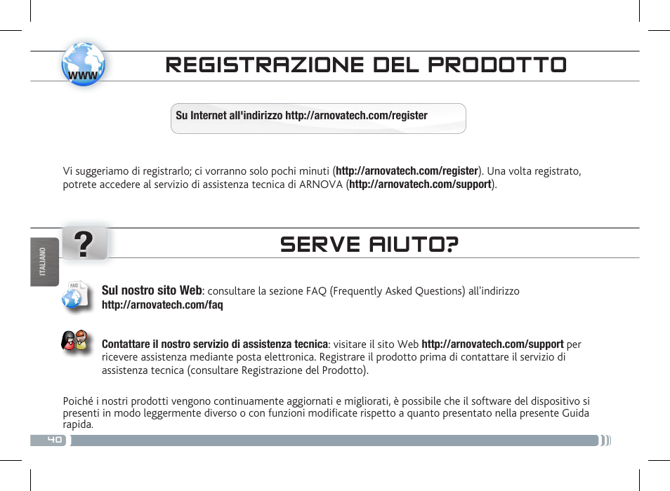 Registrazione del prodotto, Serve aiuto | ARNOVA 7c G3 User Manual | Page 40 / 58