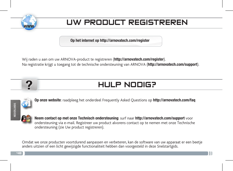 Uw product registreren, Hulp nodig | ARNOVA 7c G3 User Manual | Page 48 / 58