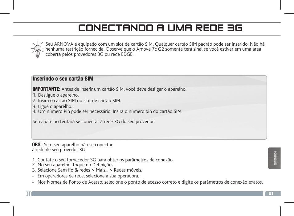 Descrição do aparelho conectando a uma rede 3g | ARNOVA 7c G3 User Manual | Page 51 / 58