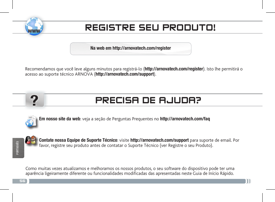 Registre seu produto, Precisa de ajuda | ARNOVA 7c G3 User Manual | Page 56 / 58