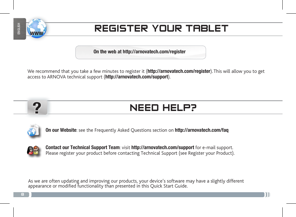 Need help, Register your tablet | ARNOVA 7c G3 User Manual | Page 8 / 58