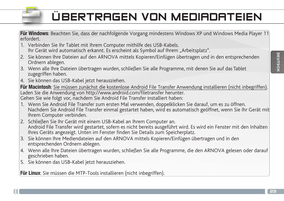 Übertragen von mediadateien | ARNOVA 7d G3 User Manual | Page 23 / 58